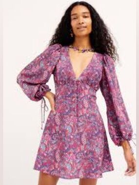 For Love & Lemons Paisley Floral Mini Dress in Pink and Blue